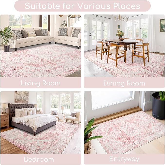 Sofrug Area Rug - 3x5 Washable Pink Rug Honeycomb Non Slip Retro Rugs Soft Faux Wool Carpet Foldable & Machine Washable Rugs for Living Room Bedroom Dining Room Kitchen
