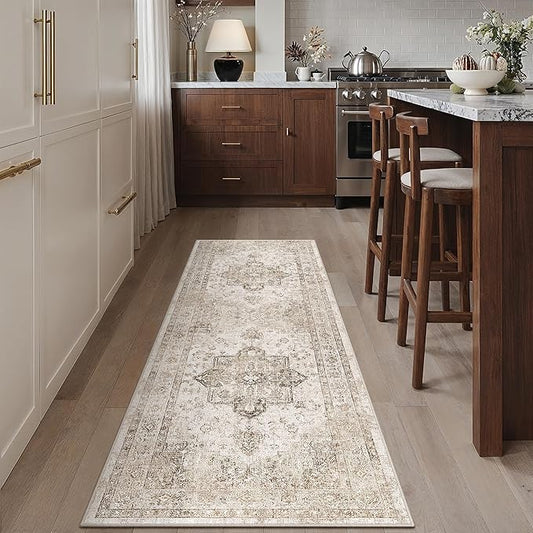 PureCozy Taupe Runner Rug 2x6 Hallway Kitchen Washable Vintage Carpet Non Slip Retro Distressed Low Pile Soft Oriental Medallion Thin Long Throw Rug for Entryway Bathroom Office Laundry Dining Room