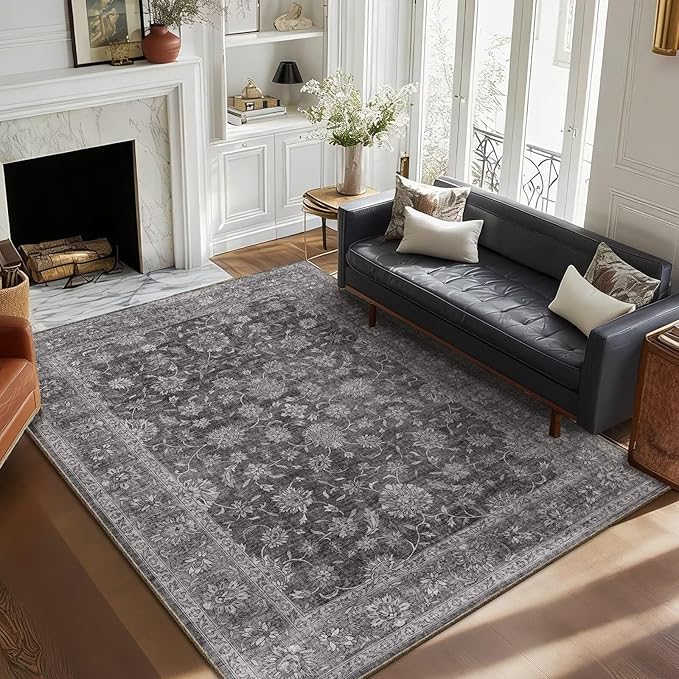 Washable 5x7 Area Rugs for Living Room, Boho Non-Slip Vintage Rugs for Bedroom Dining Room Nursery Office, 0.3" Neutral Oriental Throw Thin Carpet with Cushioning Pad, Grey/Multi, E3