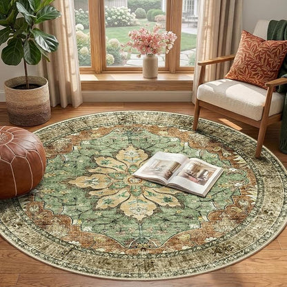 RELEANY Area Rugs Round 4ft Washable Non-Slip, Floral Vintage Distress Print Pattern Medallion Carpet for Living Room Bedroom Dining Room, Brick Red Rust Neutral Brown Burnt Orange Green