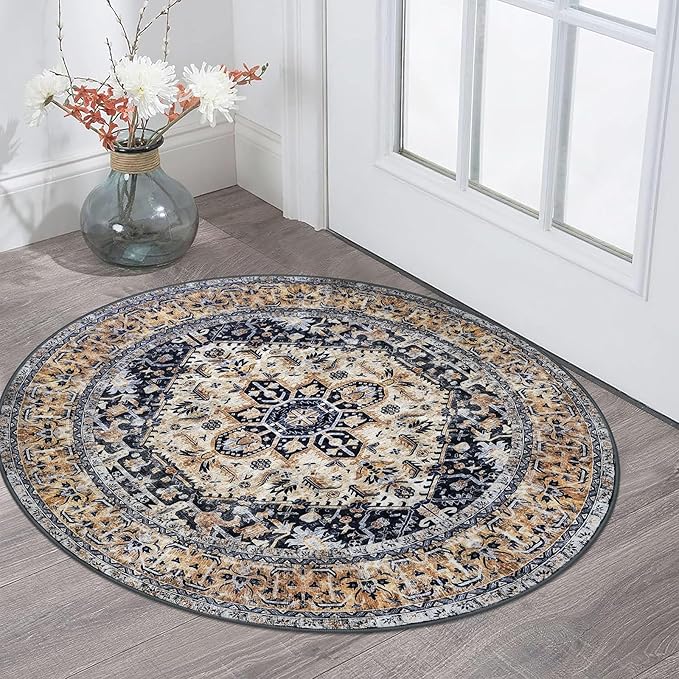 KOZYFLY Boho Round Rug 3 Ft Rugs for Entryway Washable Circle Rug Non Slip Doormat Gold/Orange/Navy Printed Faux Wool Vintage Round Entryway Rug Floor Carpet Round for Bedroom