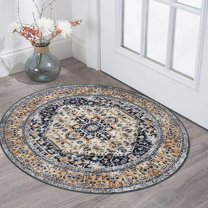 KOZYFLY Boho Round Rug 3 Ft Rugs for Entryway Washable Circle Rug Non Slip Doormat Gold/Orange/Navy Printed Faux Wool Vintage Round Entryway Rug Floor Carpet Round for Bedroom