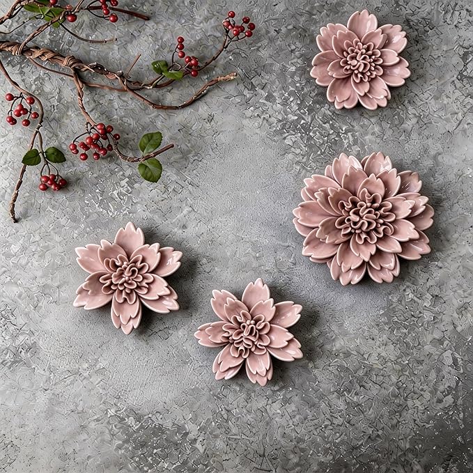 CEUYGT Ceramic Flowers 3D Wall Art Decor Handmade 3D Wall Art Hanging Sculpture for Living Room Bedroom Pink Peony 3.54"