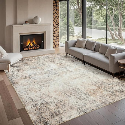 Washable Abstract Living Room Rugs: 8x10 Modern Neutral Indoor Rug for Bedroom Dining Room - Soft Thin Rubber Backing Easy Clean Floor Carpet Contemporary Home Decor - Beige Brown