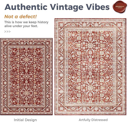 OPPODREAM Vintage Red Round Rug 8ft, 8 ft Retro Washable Circle Rug Non Slip, Low-Pile Faux Wool Circular Carpet, Distressed Floor Mat for Living Room, Bedroom, Office, Dorm, Dinning Room