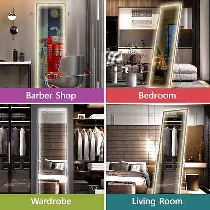 Hasipu 62" x 17" Full Length Mirror with LED Lights, Full Body Mirror with Triangle Pattern Light, LED Free Standing Floor Mirror, Wall Mounted Mirror Dimming & 3 Color Modes (White)
