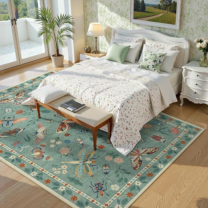 Lahome Insect 8x10 Area Rugs, Soft Washable Rugs 8x10 Living Room Green Rugs for Bedroom Dining Room, Ultra-Thin Modern Rug Stain Resistant Large Carpet for Nursery Vionnet(8'x10',Green)
