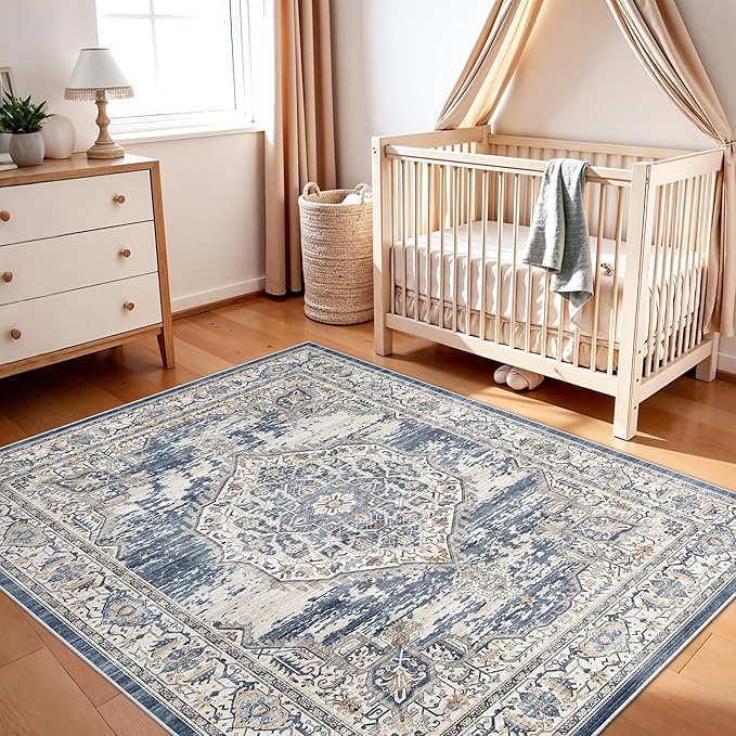 Washable Area Rugs 5x6 Entryway: Soft Ultra Thin Low Pile Mat Machine Washable Indoor Doormat Lightweight Entry Rug Anti Slip Backing Rugs for Living Room Bedroom Kitchen 5'x6' Blue