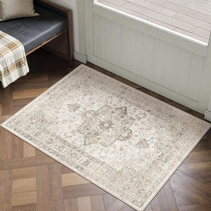 PureCozy Taupe Area Rug 2x3 Washable Vintage Entryway Carpet Non Slip Retro Distressed Door Mat Low Pile Soft Oriental Medallion Thin Small Throw Rug for Kitchen Bedroom Office Bathroom Laundry