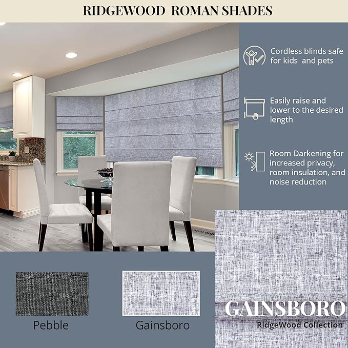 CHICOLOGY Cordless Roman Shades for Windows, Lexington Gainsboro (Blackout Style) Lined Polyester Room Darkening Shade, Privacy Window Treatment, Inside/Outside Mount, True-to-Size, 23" W x 72" H