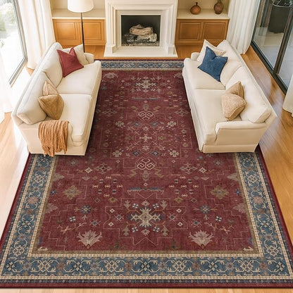 Hazo Haus Oriental 8x12 Large Area Rugs for Living Room - Burgundy Rug for Bedroom Under Bed, Dining Room Under Kitchen Table, Washable Soft Non Slip Unique Indoor Décor