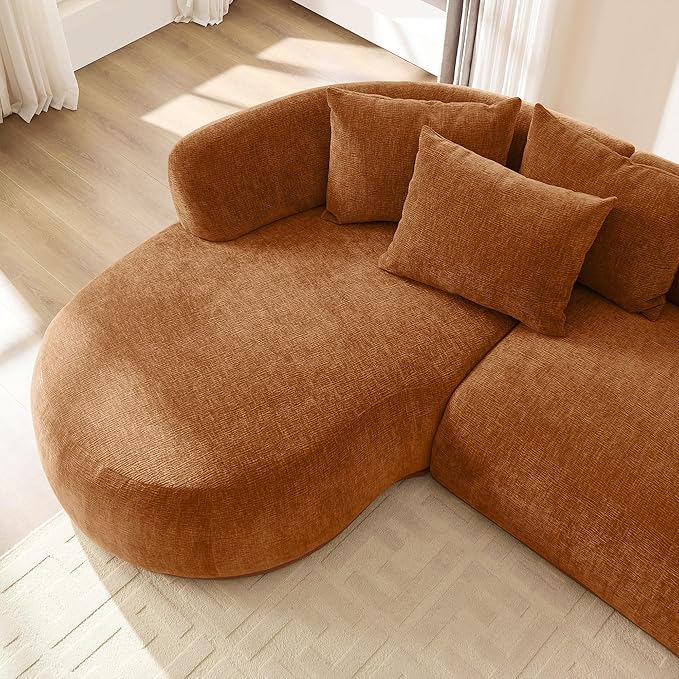 WILLIAMSPACE 134.63" Oversize Curved Sofa Cloud Couch with Round Chaise & Ottoman, Modern Upholstered Curved Sectional Sofa Couch with 6 Pillows for Living Room, No Assembly (Left-Facing,Orange)