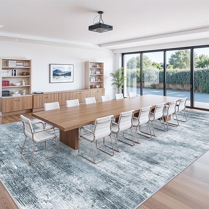 Extra Large Living Room Rug 12x18ft Washable Modern Abstract Neutral Oversize Rug for Bedroom, Dining Room, Family Room Non-Slip Low-Pile Thin Stain-Resistant Carpet (Misty Blue Gray)