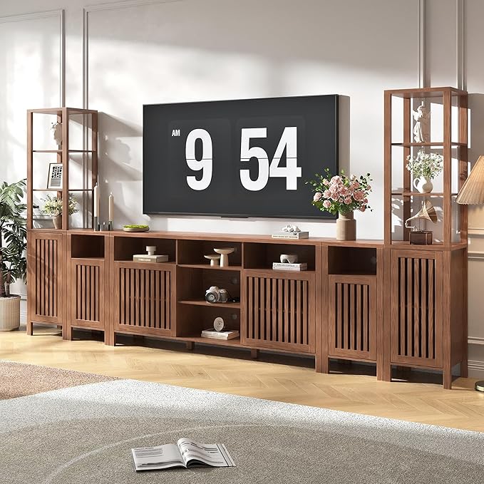 BVIUNTWO Farmhouse TV Stand for 100 inch TVs, Entertainment Center with Bookshelves, 6 Door Media Console with Adjustable Shelves, Storage Cabinet for Living Room Bedroom Home Theater, Rustic Brown