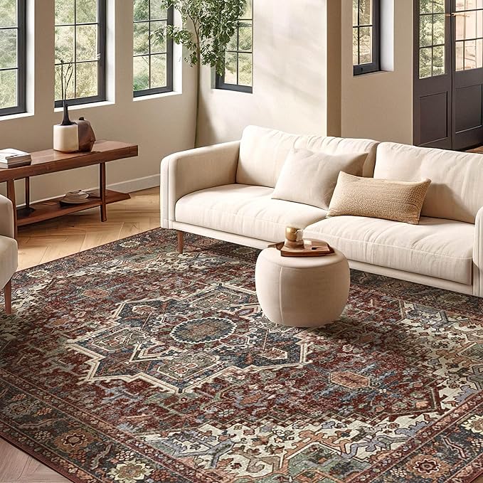 Kokia 8x10 Maroon Moody Area Rugs with Vintage Orient Design, Soft Washable Rug for Living Room or Bedroom, Non-Slip Low Pile Stain Resistance Features, Medallion Pattern