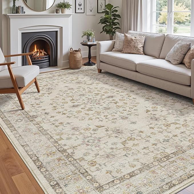 DEXI Area Rugs for Living Room, 5x8 Washable Low Pile Floral Rug for Bedroom, Non Slip Indoor Carpet for Dining Office Nursery, Ivory