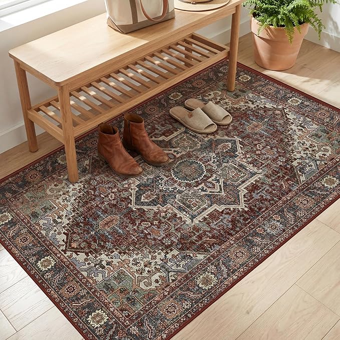 2x3 Washable Small Front Door Maroon with Vintage Orient Design, Soft Rug for Entryway or Kitchen, Non-Slip Low Pile Stain Resistance Features, Distressed Medallion Pattern
