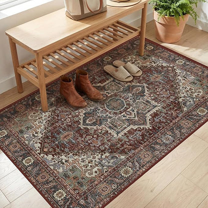 2x3 Washable Small Front Door Maroon with Vintage Orient Design, Soft Rug for Entryway or Kitchen, Non-Slip Low Pile Stain Resistance Features, Distressed Medallion Pattern