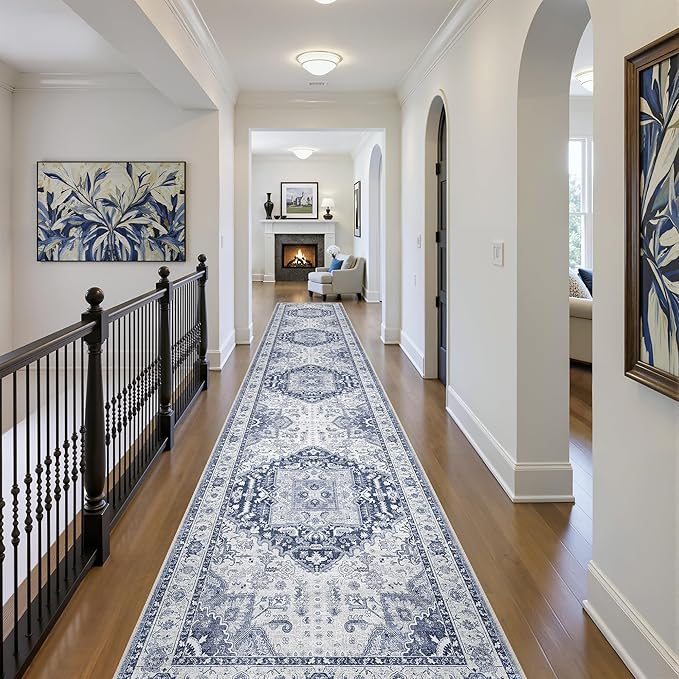 Washable 2.6x14 Runner Rug - Non Slip Long Vintage Hallway Runner Rugs for Kitchen Stain Resistant Indoor Mat Waterproof Carpet for Living Room Entryway Navy/Blue