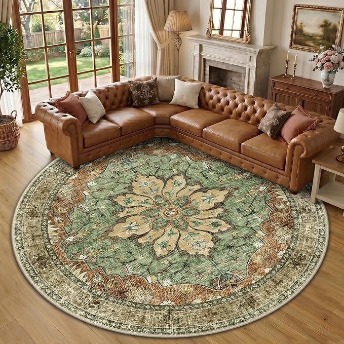 RELEANY Area Rugs Round 10ft Washable Non-Slip, Floral Vintage Distress Print Pattern Medallion Carpet for Living Room Bedroom Dining Room, Brick Red Rust Neutral Brown Burnt Orange Green