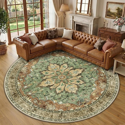 RELEANY Area Rugs Round 10ft Washable Non-Slip, Floral Vintage Distress Print Pattern Medallion Carpet for Living Room Bedroom Dining Room, Brick Red Rust Neutral Brown Burnt Orange Green