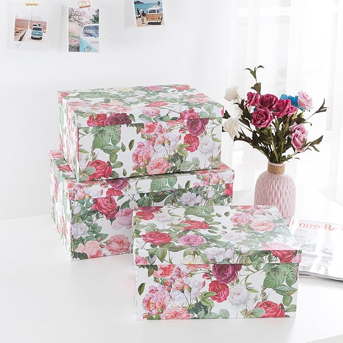 Soul & Lane Decorative Cardboard Storage Boxes with Lids for Home Decor and Organization, Set of 3 Large Keepsake Boxes for Memories & Gifts, Nesting Floral Photo Storage Containers, Rose Romance
