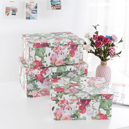 Soul & Lane Decorative Cardboard Storage Boxes with Lids for Home Decor and Organization, Set of 3 Large Keepsake Boxes for Memories & Gifts, Nesting Floral Photo Storage Containers, Rose Romance
