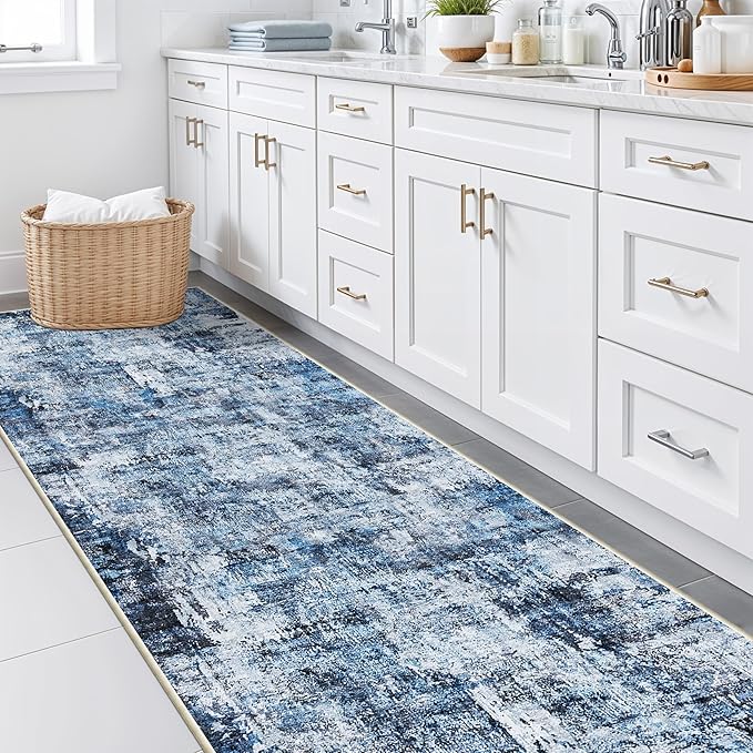 Rug Runners for Hallways Non Slip– Washable Long Kitchen Runner, Low-Pile Thin Modern Abstract Floor Rug for Indoor Entryway, Bedroom, Living Room (Navy Blue)
