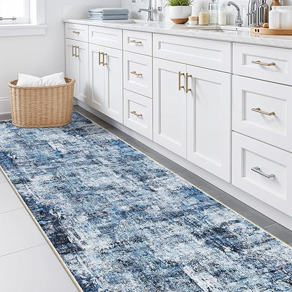 Rug Runners for Hallways Non Slip– Washable Long Kitchen Runner, Low-Pile Thin Modern Abstract Floor Rug for Indoor Entryway, Bedroom, Living Room (Navy Blue)