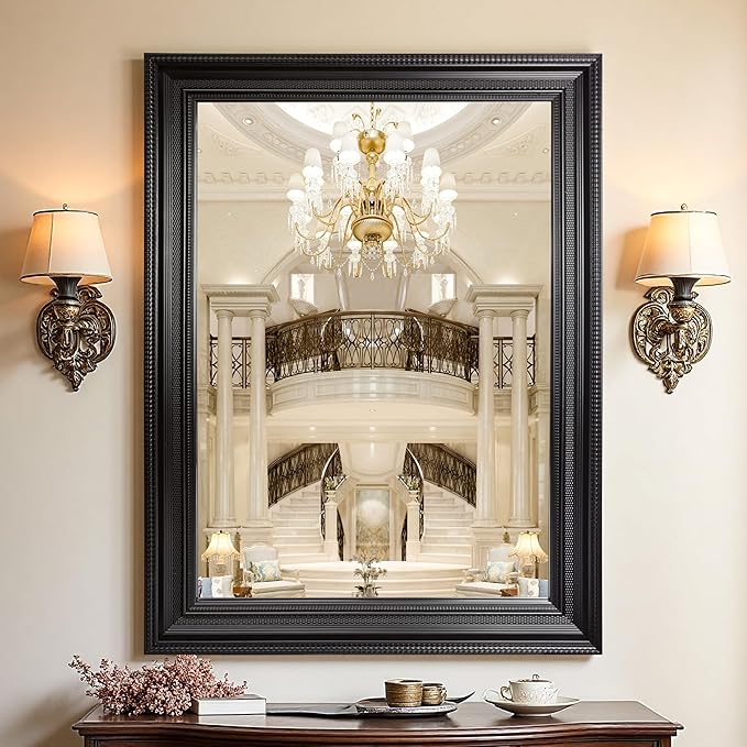 ROLOVE 24x35 Inch Antique Black Mirror for Wall, Vintage Wall Mirror, Ornate Baroque Style, Decorative Mantel Mirror for Fireplace, Entryway, Living Room, Waterproof Frame, Shatterproof Glass