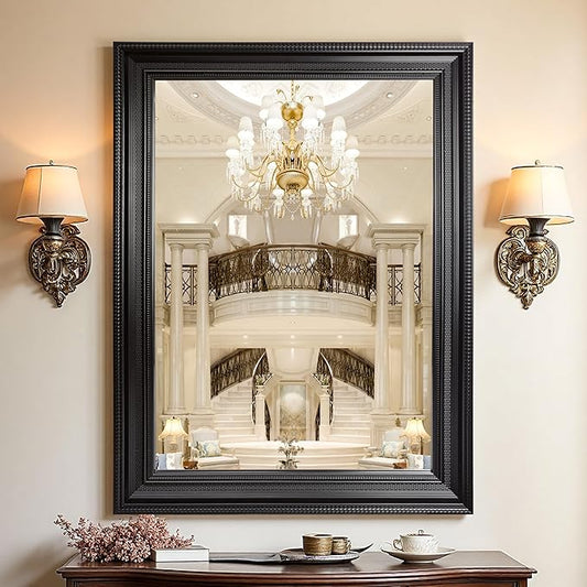 ROLOVE 24x35 Inch Antique Black Mirror for Wall, Vintage Wall Mirror, Ornate Baroque Style, Decorative Mantel Mirror for Fireplace, Entryway, Living Room, Waterproof Frame, Shatterproof Glass