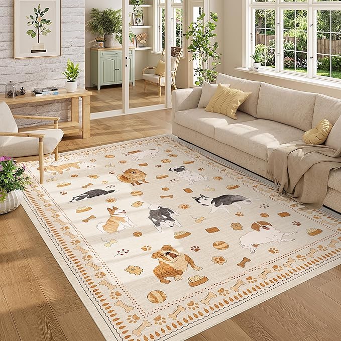 DUKINO 5x7 Rug for Living Room, Lightweight Animal Dog Print Washable Area Rug, Non Slip & Low Pile Floor Mat, Stain Resistant Carpet for Bedroom, Nursery, Dining Room, Kids Playroom, Beige Yellow