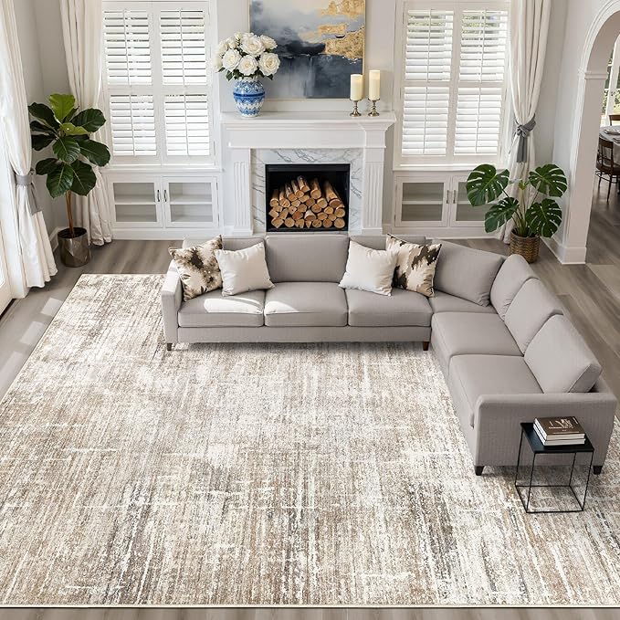 10x14 Area Rugs Living Room: Washable Large Neutral Rug Abstract Soft Modern Stain Resistant Indoor Floor Non-Slip Carpet for Bedroom Nursery Kids Office Playroom Dining Room Under Table- Dark Brown