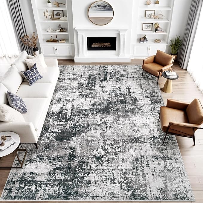 9x12 Area Rug for Living Room: Washable Abstract Soft Rugs Non Slip Modern Stain Resistant Low Pile Carpet for Dining Room Bedroom Nursery Office (Black Grey, 9'x12')