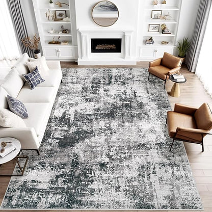 9x12 Area Rug for Living Room: Washable Abstract Soft Rugs Non Slip Modern Stain Resistant Low Pile Carpet for Dining Room Bedroom Nursery Office (Black Grey, 9'x12')