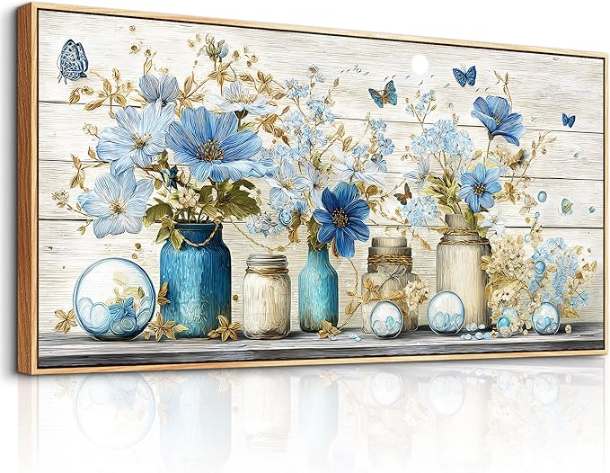 Wapluam Large Framed Wall Art,Retro Rustic Pictures Wall Decor,Floral Wall Art Bedroom,Blue Flowers Painting Prints,Farmhouse Canvas Artwork for Living Room Bathroom Kitchen Hallway Home Office 30x60