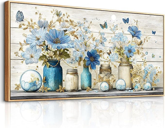 Wapluam Large Framed Wall Art,Retro Rustic Pictures Wall Decor,Floral Wall Art Bedroom,Blue Flowers Painting Prints,Farmhouse Canvas Artwork for Living Room Bathroom Kitchen Hallway Home Office 30x60