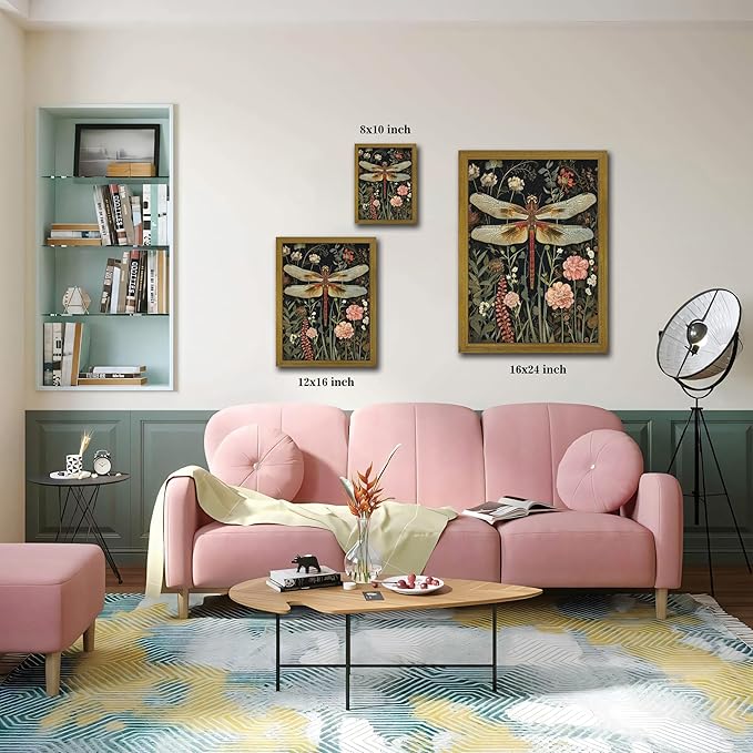 Framed Hand Drawn Sandstone Dragonfly Wall Art, Vintage 3D Textured Nature Botanical Wall Decor Pictures, Pink Flowers Print Painting for Living Room Kitchen Home Decor 12x16inch