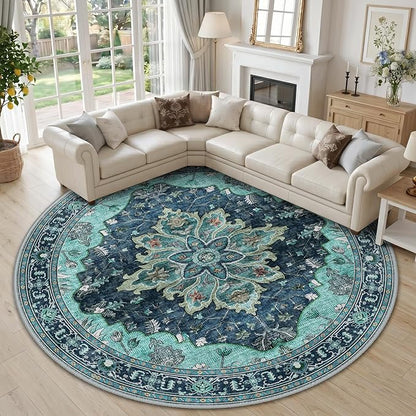 RELEANY Area Rugs Round 10ft Washable Non-Slip, Floral Vintage Distress Print Pattern Medallion Carpet for Living Room Bedroom Dining Room, Teal Green Lake Blue Turquoise