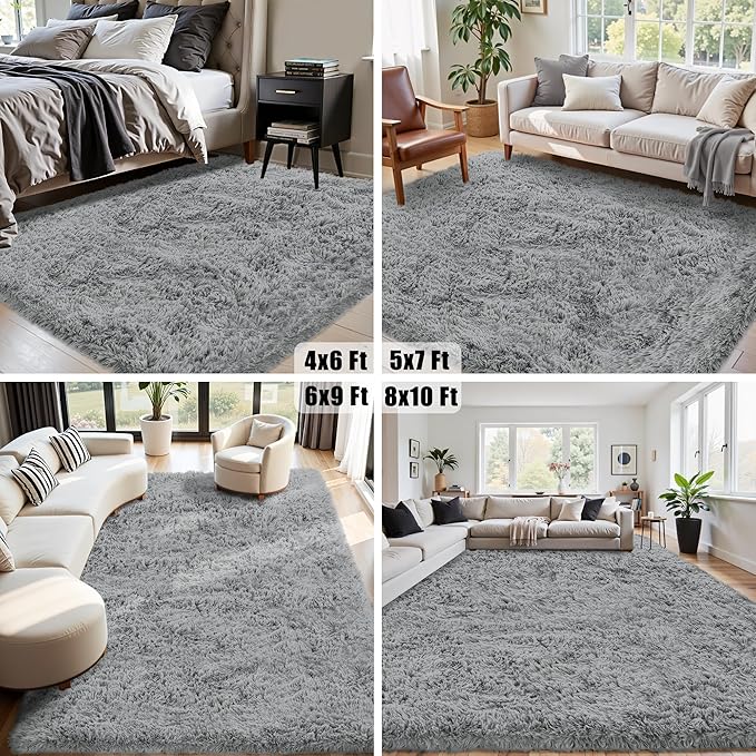 8x10 Area Rug for Living Room:Ultra Soft Fluffy Shag Light Grey Rugs,Large Fuzzy Plush Indoor Non Slip Carpet Washable Rug for Bedroom Kids Nursery Office Dorm Modern Decor(Light Grey 8'x10')