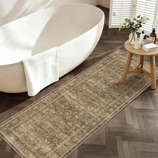2x6 Brown Runner Rug Hallway Non Slip Washable Area Rugs Kitchen Soft Vintage Boho Long Rug Distressed Floral Carpet Indoor Low Pile Throw Rug for Bedroom Bathroom Laundry Dining Room Office