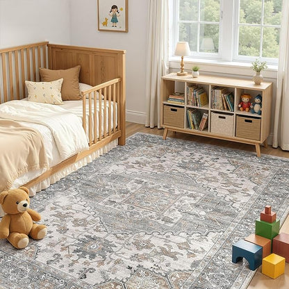 7x9 Washable Area Rugs for Living Room: Non Slip Vintage Gray Brown Rug, Large Soft Stain Resistant Indoor Floor Carpets for Bedroom Dining Room Nursery Home Office Kid & Pet Friendly
