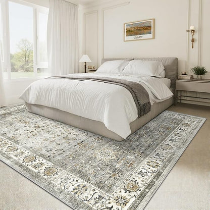 5x7 Area Rugs-Stain Resistant Washable Rugs for Living Room,Bedroom,Non Slip Backing Area Rug, Vintage Home Decor Rug (Ivory/Grey,5'x7')
