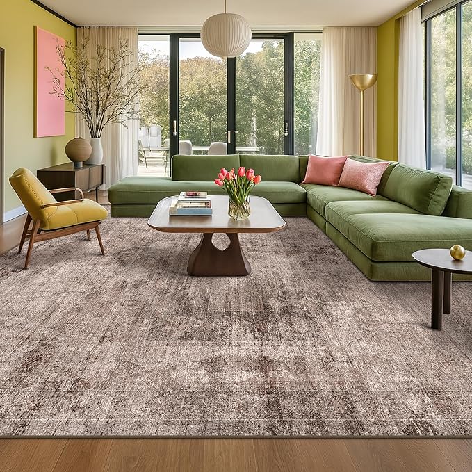 Hazo Haus Brown Living Room Rug 9x12 - Retro Large Rug for Dining Room, Fireplace, Bedroom, Washable Non Slip Low Pile Abstract Warm Brown and Terracotta