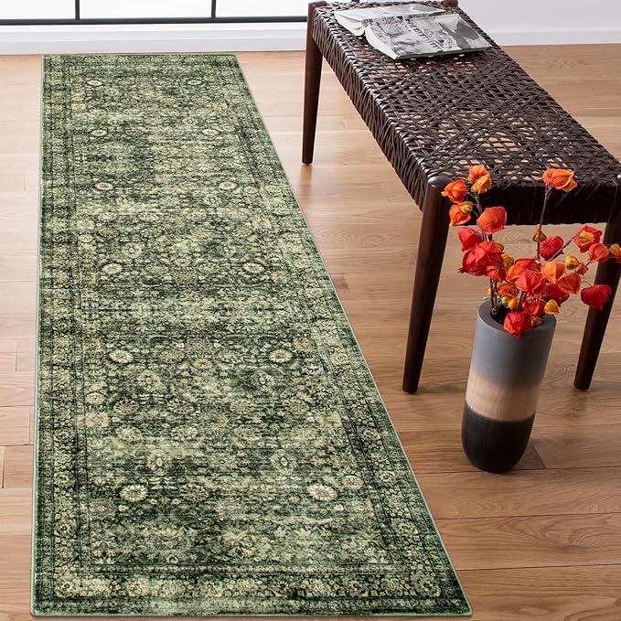 Morebes Vintage Kitchen Runner Rugs Non Skid Washable, Floral Boho 2.5x8 Runner Rug, Non Shedding Runner Rugs for Hallway Indoor Floor Carpet Runner for Laundry Room Bedroom, Grayish Green