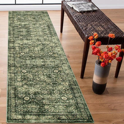 Morebes Vintage Kitchen Runner Rugs Non Skid Washable, Floral Boho 2.5x8 Runner Rug, Non Shedding Runner Rugs for Hallway Indoor Floor Carpet Runner for Laundry Room Bedroom, Grayish Green