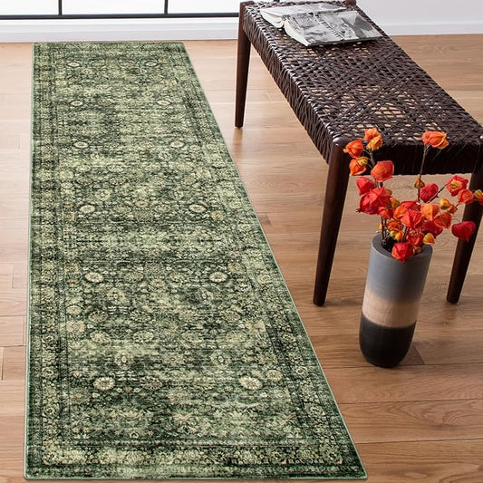 Morebes Vintage Kitchen Runner Rugs Non Skid Washable, Floral Boho 2.5x8 Runner Rug, Non Shedding Runner Rugs for Hallway Indoor Floor Carpet Runner for Laundry Room Bedroom, Grayish Green