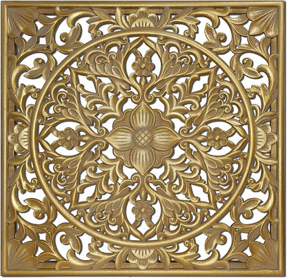 XIAOAIKA Boho Carved Wood Wall Sculpture, Intricate Floral Mandala Design with Distressed Gold Finish, Vintage Farmhouse Wall Art Panel with Solid Wood Frame for Bedroom Entryway (22" x 22")