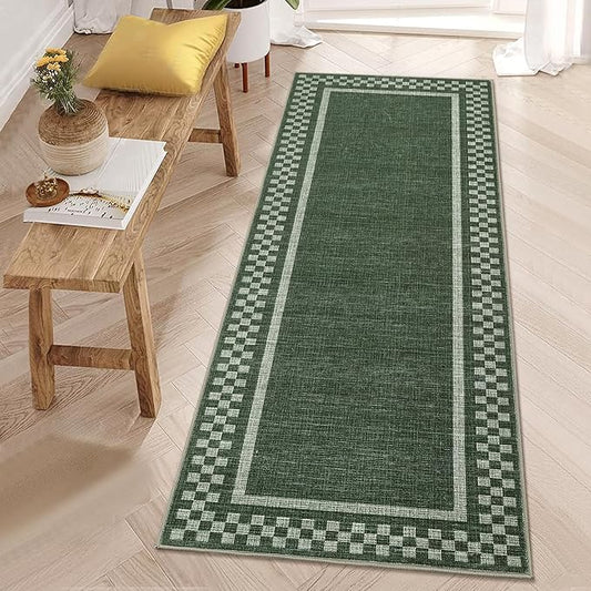 Rug Runners for Hallways 2x8 Washable Kitchen Runner Rug Non Slip Low Pile Bedside Throw Carpet Modern Bordered Bathroom Runners Checkered Area Rug for Living Room Bedroom Entryway Nursery, Green