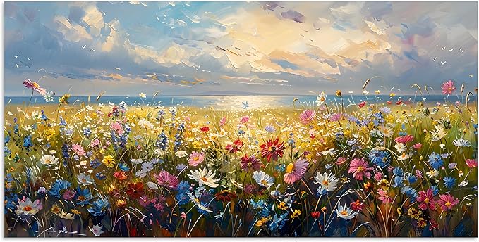 TutuBeer 1 Pcs Wildflower Field Artwork Rustic Wildflower Field at Beach Vintage Wall Art Canvas Prints Wild Flower Wall Art Rustic Style Kitchen Office Farmhouse Bathroom Decor 8x16inch
